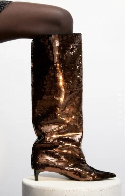 ZARA Lentejuelas TACÓN ALTO BOTAS HASTA LA RODILLA DORADAS Marrón BLING PARTY Brillante Talla 8 Foto 1 de 4