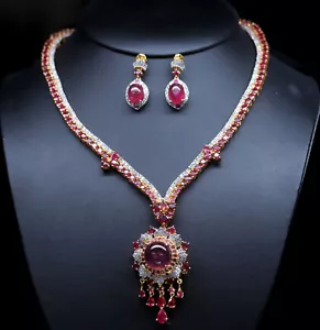 Naturale Set Rosso Rubino & Zircone Collana Con Orecchini Argento 925 Sterling - Foto 1 di 6