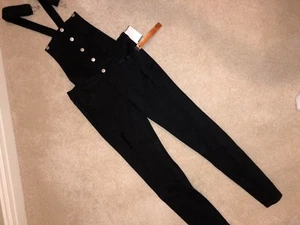 BRAND NEW W/ TAGS, BLACK DENIM OVERALLS BY LORD & TAYLOR, SIZE S SILVER BUTTONS - Picture 1 of 4