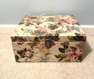 Vintage Quilted Vinyl Covered Floral Sewing Box Lucite Handle Metal Latch
