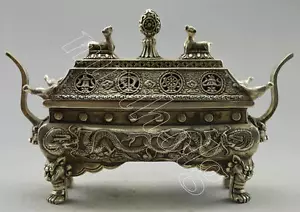 Fino Antiguo Hecho a Mano Torre de Plata Tíbet Dragón Incienso Quemador ""Ding"" Censor - Imagen 1 de 4