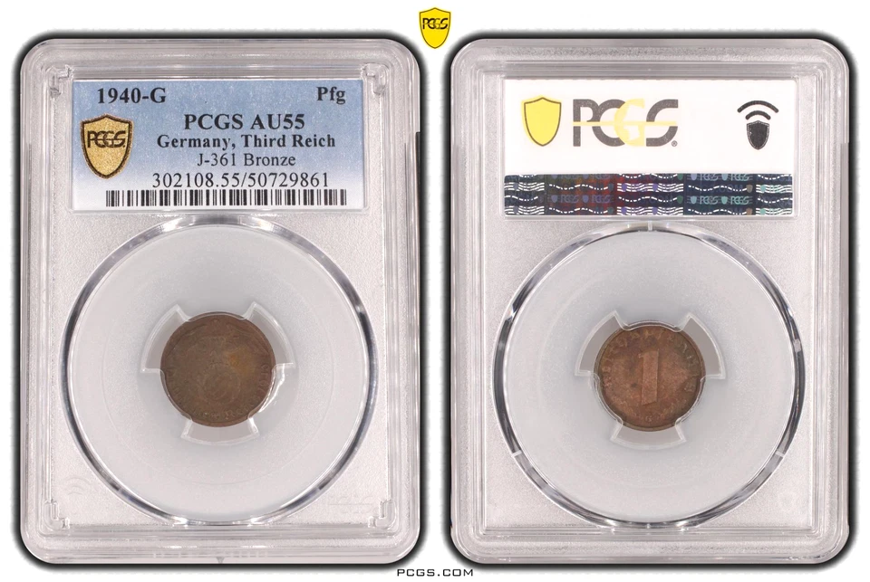 Moneda Reichspfennig 1940 G SWASTIKA Alemania Tercer Reichspfennig PCGS AU55 BN 1 Pfennig 1940 G Foto 1 de 1