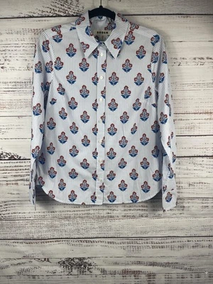 Camisa Boden Mujer US 8 Azul Blanco Floral Rayas Botón Delantero Algodón Foto 1 de 4