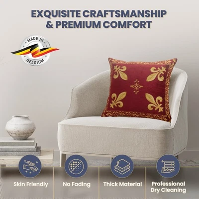 Fleur De Lys Red Gold Medieval European Cushion Cover Home Decor Pillow 18x18 in - Image 1 of 4