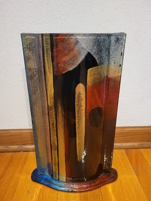 Modern Retro Sryle Glass Art Handmade Vase Large 15 1/2" Tall Gold/Blue/Silver - Image 1 of 4