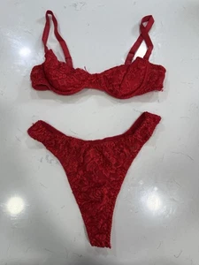 Vintage 1990er rot Spitze hoch geschnitten Tanga BH Set 34B groß Pin Up sexy Baumwolle gefüttert - Bild 1 von 8