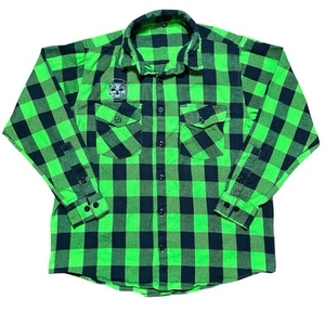 Demons Behind Me Button Up Plaid Flannel Collar Shirt Mens L Lime Green Black - Picture 1 of 16
