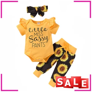 3Pcs Newborn Baby Girl Clothes Romper Bodysuit Tops Pants Headband Outfits Set - Picture 1 of 9