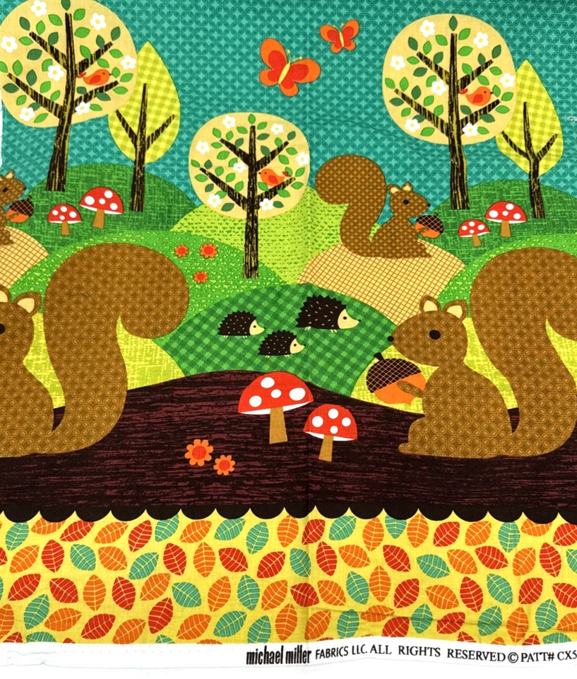 Michael Miller Forest Animals Fabric Nuts for Dinner Panel  19" x 44" Squirrel - Image 1 of 4