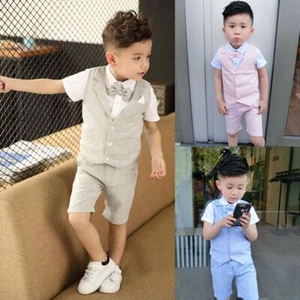 Boys Plaid Vest Shirt - With Bowtie Formal Suit Set Toddler Summer Wear Set 4PCS - Picture 1 of 17