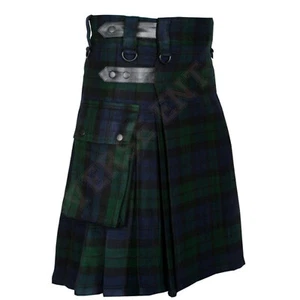 Men's Black Watch Handmade Scottish Tartan Utility Kilt Cargo pockets 16oz - Picture 1 of 4