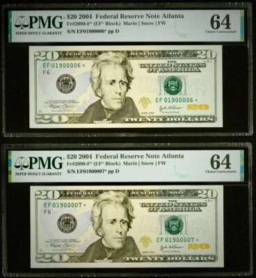 $20 2004 " 2 Consecutive Serial # " Federal Reserve *Note Atlanta PMG 64 - Image 1 of 3