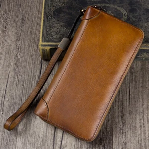 Genuine Leather Wallet Women and Men Wristlet Zip Wallet Purse Money Card Holder - Picture 1 of 17