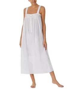 New EILEEN WEST White Sheer Striped Woven Cotton Blend Long Ballet Nightgown L - Picture 1 of 4