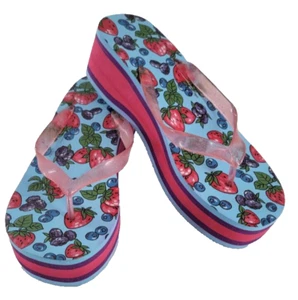 Berry Print Thong Open Toe Flip Flops Slide Sandal Med Platform Wedge Heel NEW - Picture 1 of 4