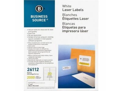 Business Source Mailing Labels Laser 1"x4" 2000/PK White 26112 - Image 1 of 4