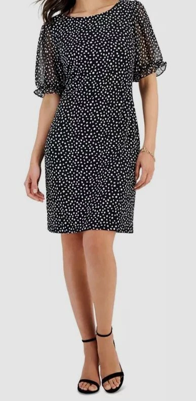 Connected Apparel Women's Black Puff Sheer Sleeve Sheath Dress Size 14