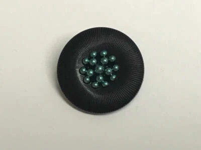 Black with Teal Beaded Flower Plastic Button - 23mm / 15/16" Dill (Pair of 2) - Image 1 of 2