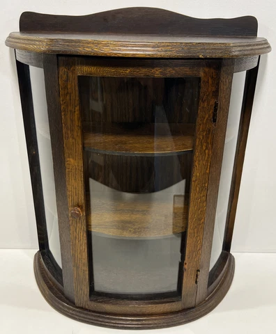 Vintage Curio Cabinet Curved Glass Small Tabletop Hanging Two Removable Shelves Cover