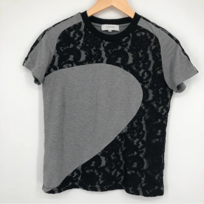 Camisa Carven para mujer talla S apliques de encaje cuello redondo gris negra manga corta Foto 1 de 4