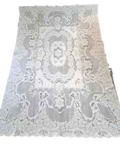 Vintage Quaker Lace Tablecloth Rectangular Ivory Floral Bows Victorian 88x60 - Picture 1 of 5