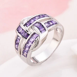 Women's Purple CZ Cross Band White Gold Filled Engagement Wedding Ring Jewellery - Picture 1 of 4