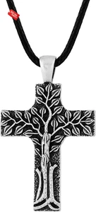 Spiritueller Lebensbaum Kreuz Anhänger Halskette, Kunstlederband, Schmuck Geschenk f - Bild 1 von 13