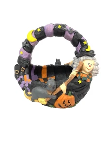 Halloween Hexe schwarze Katze Keramik Wohndeko Süßigkeitenschale Korb - Bild 1 von 10