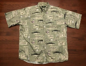 FLY FISHING POLES LURES S/S BUTTON DOWN SHIRT MENS XL REDHEAD BEIGE GREEN FISH - Picture 1 of 5