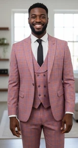 Mens Vitali Modern Fit  3pc Denim Lavender Plaid Formal Suit M9857-PK-NP 51W 56 - Picture 1 of 16