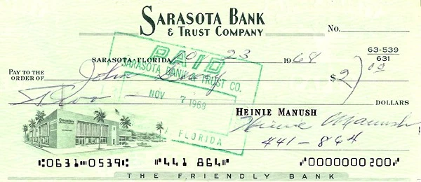 Heinie Manush Autographed Signed Check Washington Senators - Image 1 of 1