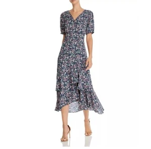 Nanette Lepore Floral Puff Sleeve Wrap Dress Ruffle Button Navy 10 NWT Milkmaid - Picture 1 of 21