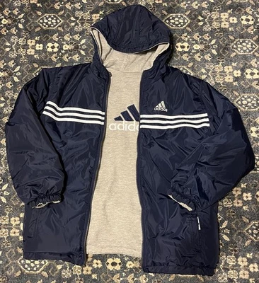 Chaqueta acolchada reversible con capucha XL retro azul marino vintage años 90 Y2K Adidas para hombre Foto 1 de 4