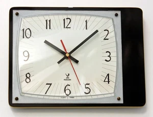 Vintage 28cm JAZ Formica Wall Clock - French Retro Mid Century Atomic Wooden - Picture 1 of 4