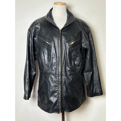Wilsons Womens Black Leather Moto Zip Jacket SZ L Thinsulate Lining Missing Belt - Image 1 of 4