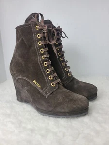 Prada Z4053 Linea Rossa Brown Suede Wedge Lace Up Ankle Boots 37.5 Made In Italy - Picture 1 of 10