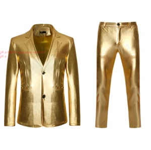 Men Sparkly Metallic Blazer 2pcs Party Disco Sport Suit+Pant Shining Jacket Coat - Picture 1 of 17