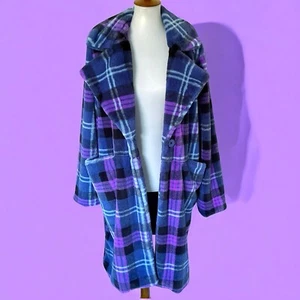 Women's Plaid Purple Blue Plush Faux Fur Trench Coat Jacket Sz M/L Medium Large - Picture 1 of 17