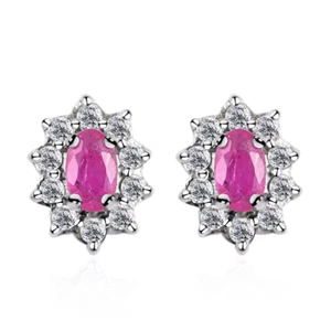 Montepuez RUBY, ZIRCON Floral Stud EARRINGS in Platinum Plated Sterling Silver - Picture 1 of 5