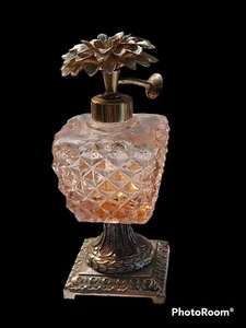 Vtg Irice Pedestal Footed Faceted Glass Perfume Atomizer Metal Flower Top  5.75" - Picture 1 of 12