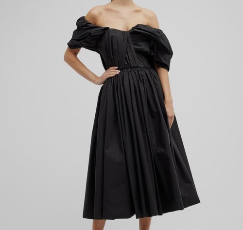 Abito donna Alexander McQueen nero drappeggiato popeline spalle scoperte $6590 taglia 38