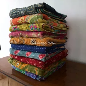 Lot 10 Pcs Single Vintage Quilt Bed Runner Kantha Vintage Bedspread Cotton - Picture 1 of 5