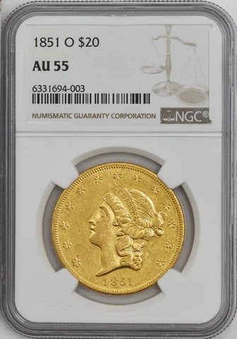1851-O $20 Gold Liberty AU55 NGC 946445-2 Cover