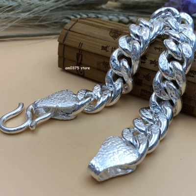Real 999 Pure Silver Bracelet For Women Men Wider 15mm/7mm Fu Cuban Curb Link   - Image 1 of 4