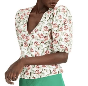 INC Floral Puff Sleeve Tie Wrap Top XL White Red Dainty Blouse Cotton Womens - Picture 1 of 14