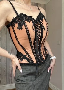 Vintage Y2K Catwalk Collection Boned Corset Bodice Peach Black - Picture 1 of 12