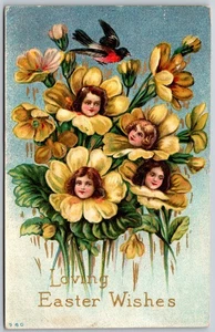 c1910s Girls Growing from Easter Flowers Embossed ANTIQUE Postcard 8945 - Picture 1 of 2