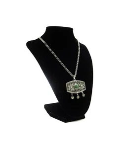 VTG Sterling Silver Chantille Filigree Green Chalcedony Cab 21" Pendant Necklace - Picture 1 of 8