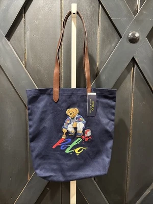 Polo Ralph Lauren Navy Cotton Twill Embroidered PAINTING BEAR LOGO Tote Bag NWT  - Image 1 of 4
