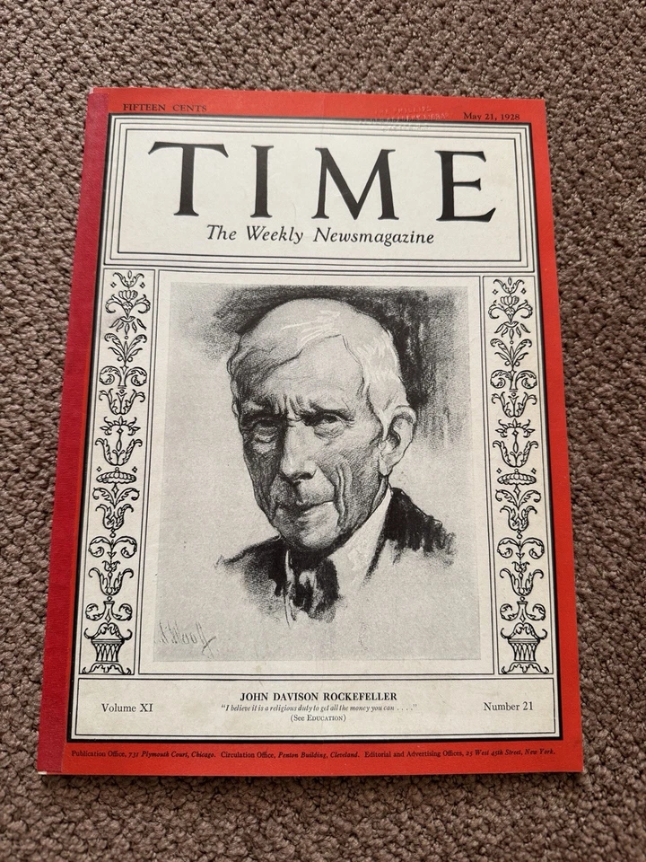 MAGAZINE  Time. John Davison Rockefeller May 21 1928 Complete removed from - Image 1 of 1